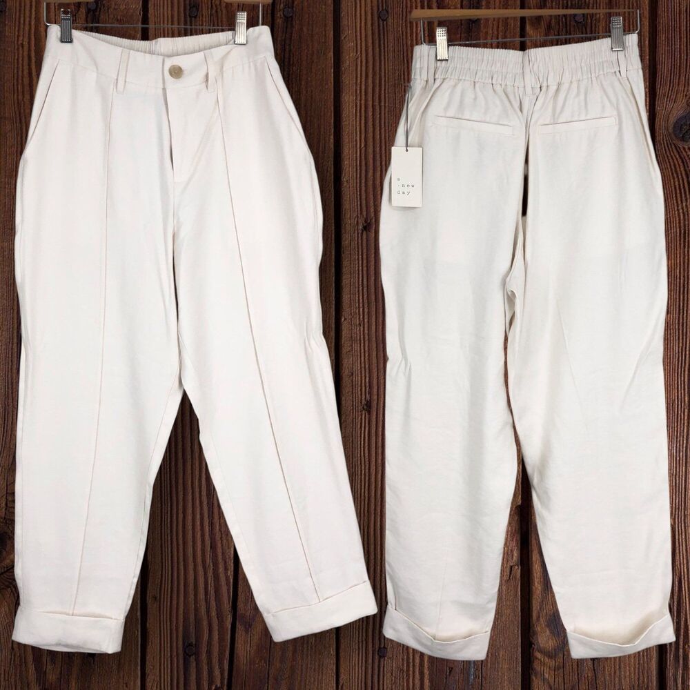 NWT Women’s High Rise Slim Straight Leg Pintuck Ankle Pants, Ivory Trousers SZ 8